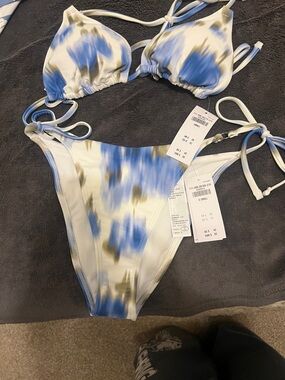 Abercrombie & Fitch Blue, White & Olive Tie-Dye Triangle Bikini